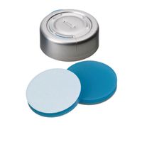 Product Image of Bördelkappe, UltraClean Verschluss: 20 mm Aluminium, farblos lackiert, Ganzabriss, Silikon blau transparent/PTFE weiß, 45° shore A, 3,0 mm, 10x100/PAK