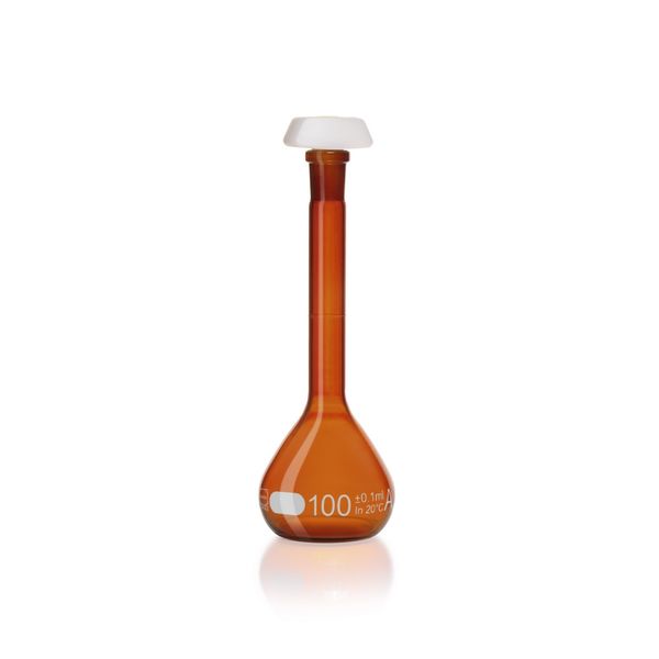 Duran Group Volumetric flask, brown, SJ 14/23, 100 ml, white graduation, A, IC, PE stopper, 2 pc/PAK