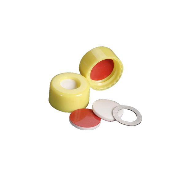 DWK Wheaton 9 mm cap, yellow, ScrewTin with metal O-ring, with PTFE/silicone septum, screw thread, EVA, 100 pc/PAK