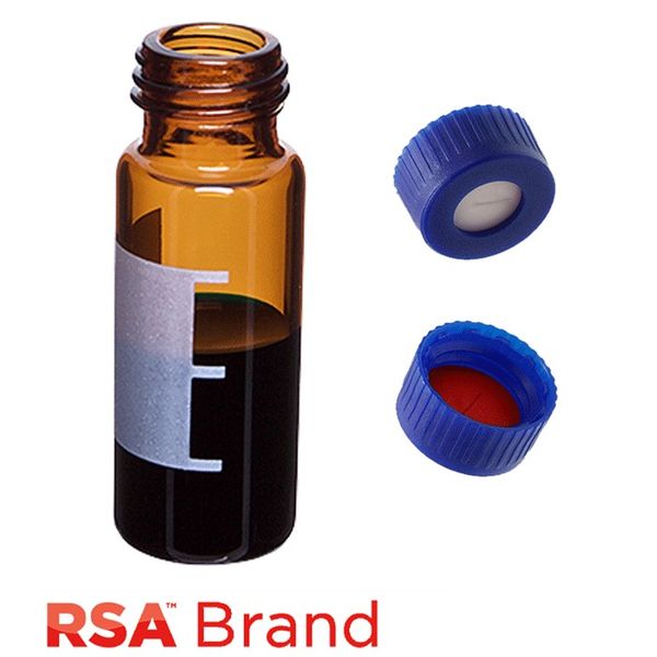 Microsolv Vial & Cap Kit incl. 100 2ml, Screw Top, Amber RSA Autosampler Vials with Write-On Patch/fill lines & 100 Blue Screw Caps with Silicone 