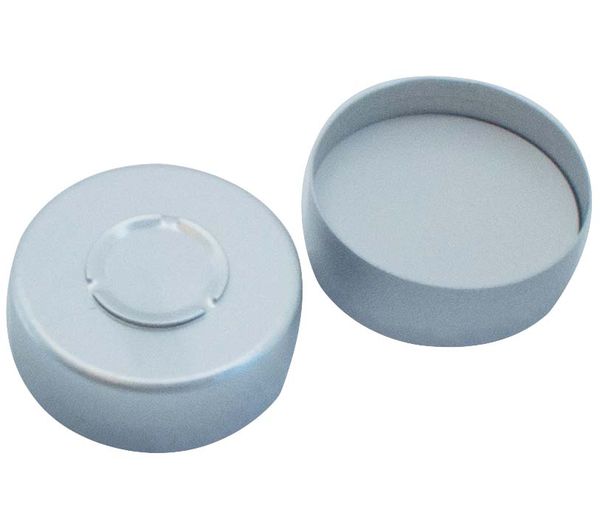 Altmann Analytik 20 mm center tear-off cap, silver painted, silicone blue transparent/PTFE white, 45° shore A, 3 mm, 1000 pc/PAK