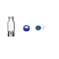 Product Image of HPLC/GC cert. 2in1-KIT: 0.9ml microliter short thread bottle ND9, clear glass, 1st hydrol.class, residual vol<1µL+ UltraBond 9mm PP cap, blue, hole, slit Silicone white/PTFE blue, 1mm