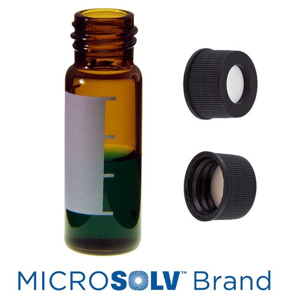 Microsolv Vial & Cap Kit incl. 100 4ml Screw Top, Amber Autosampler Vials with Write-On Patch / fill lines & 100 black Screw Caps with bonded white 