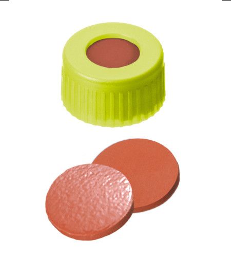Altmann Analytik Kurzgewindekappe, ND9 PP, gelb, 1,0 mm, Naturkautschuk rot-orange/TEF transparent, 1000/PAK