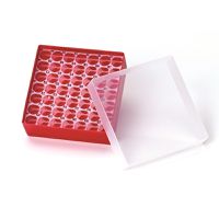 Product Image of PP Aufbewahrungs-Box für 4ml Vials o. Shell Vials, mit Deckel, rot (130x130x52mm), 49 Kammern