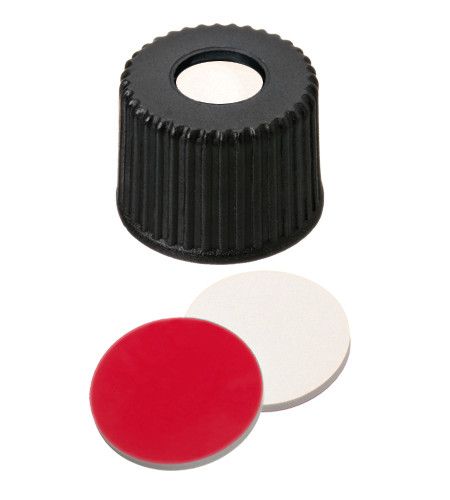 Altmann Analytik Schraubkappe, ND8 Silikon creme/PTFE rot UltraClean Verschluss (PP), schwarz, 5,5 mm Loch, 8-425 Gewinde, 55° shore A, 1,5 mm, 10x100
