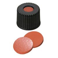 Product Image of Schraubkappe, ND8 Naturkautschuk rot-orange/TEF transparent Verschluss (PP), schwarz, 5,5 mm Loch, 8-425 Gewinde, 60° shore A, 1,3 mm, 10x100/PAK