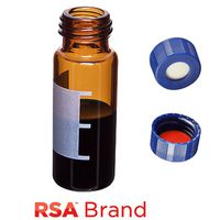 Product Image of Vial & Cap Kit incl. 100 2ml, Screw Top, Amber RSA™ Autosampler Vials with Write-On Patch/fill lines & 100 Blue Screw Caps with White Silicone Rubber/Red PTFE Soft-Guard bonded Septa, RSA Brand Easy Purchase Pack