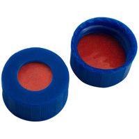 Product Image of 9 mm PP short thread cap, blue, with hole, 9 mm Septum, natural rubber red-orange/TEF transparent, 55° shore A, 1 mm, 1000 pc/PAK