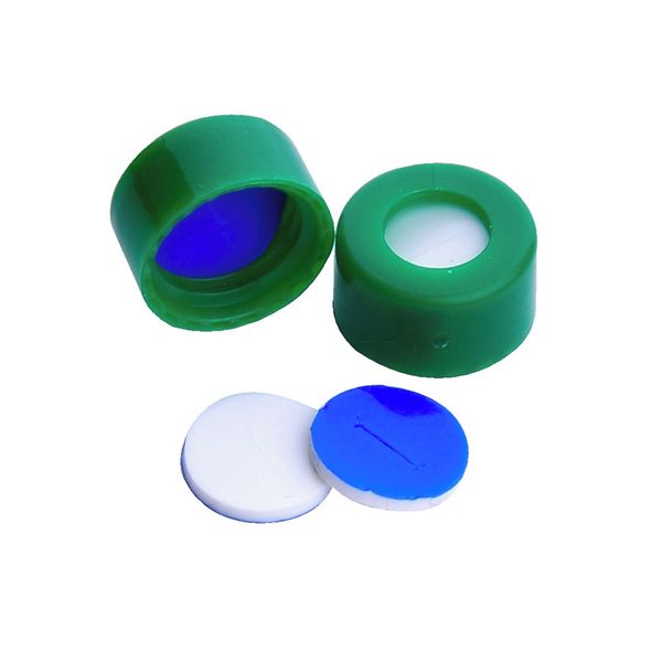 DWK Wheaton 9 mm Schraubkappe, grün, mit vorgeschnittenem PTFE/Silikon-Septum, Schraubgewinde, 100 St/Pkg