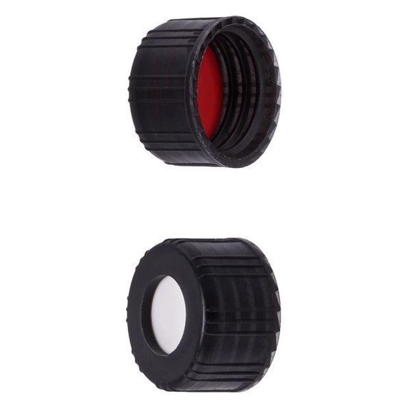 Microsolv Screw Cap black, knurled PP, with white Sil/red PTFE Septa/Liner, for ND15 thread storage vials or bottles, 1000 pc/PAK
