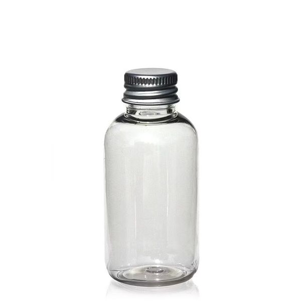 Sonstige PET-Flasche 'Boston', Kunststoff klar, 50 ml, GPI 20/410, mit Alu Verschluss silber, 1500 St/Pkg