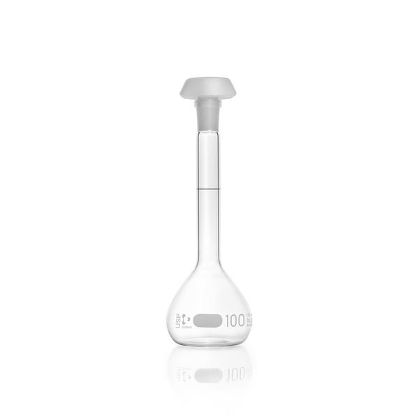 Duran Group Volumetric flask, clear, SJ 14/23, 100 ml, blue graduation, A, IC, PE stopper, 2 pc/PAK