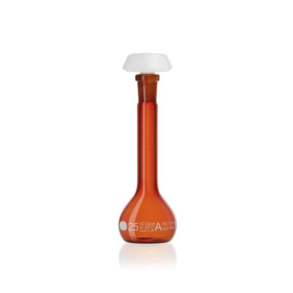 Duran Group Volumetric flask, brown, SJ 10/19, 25 ml, white graduation, A, IC, PE stopper, 2 pc/PAK