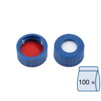 Product Image of ND9 PP Schraubkappe, blau, Loch Silikon weiß/PTFE rot Härte: 40° shore A Septendicke: 1,0 mm, 100 St/Pkg