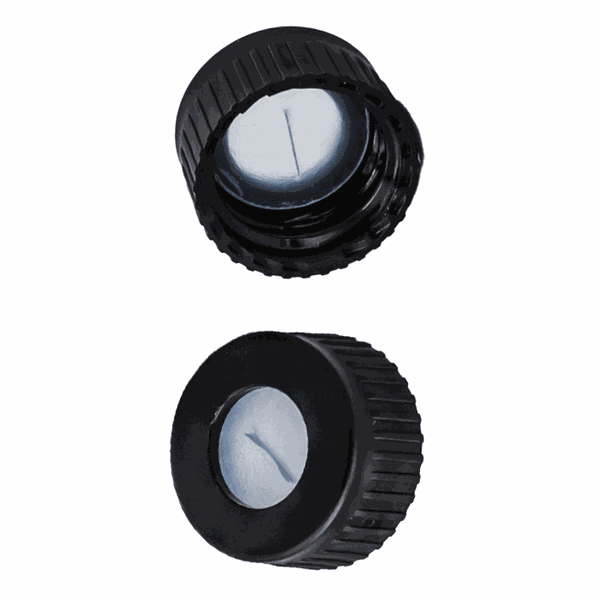 Microsolv Caps, Screw Top, with translucent Silicone / clear Polypropylene, pre-slit, Septa, bonded in knurled, polypropylene, Black caps. For use 