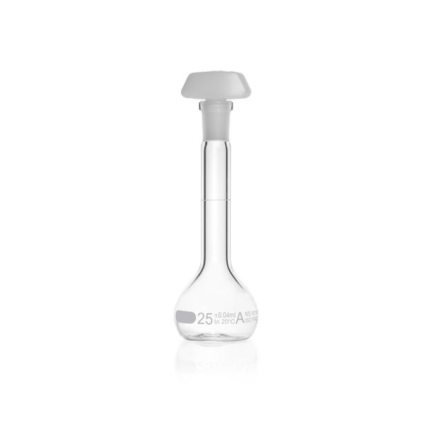 Duran Group Messkolben, klar, NS 10/19, 25 ml, blaue Skala, A, mit Einzelzertifikat, PE-Stopfen, 2 St/Pkg, mit Ringmarke