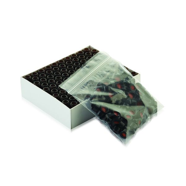 DWK Wheaton 1,8 ml Fläschchen, 12 x 32 mm, Braunglas, Kappe schwarz und Septum PTFE/Silikon rot, 100 St/Pkg