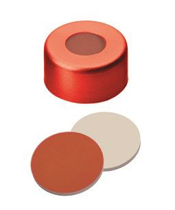 Altmann Analytik Bördelkappe, ND11 Verschluss: Aluminium, rot lackiert mit 5,5 mm Loch, RedRubber/PTFE beige, geprüfte Instrumentenhersteller-Qualität