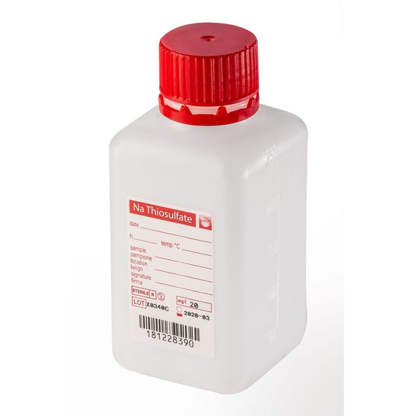 Aqua Laborservice Sterile narrow-neck bottle with 2.5 mg sodium thiosulfate, 125 ml, HDPE, double barcode, square, red tamper-evident closure, 350 pc/