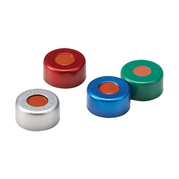 PerkinElmer Schraubenkappen mit Septa, 18 mm Ø, rotes PTFE/weißes Silikonsepta, Metallkappe, 100 St/Pkg