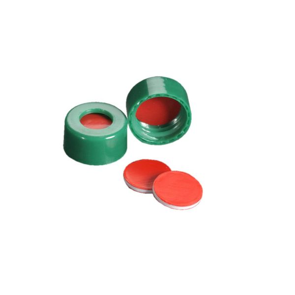 DWK Wheaton 9 mm ScrewTin, green, with PTFE/silicone/PTFE septum, screw thread, EVA, 100 pc/PAK