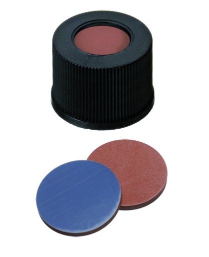 Altmann Analytik 15 mm PP screw cap, black, 9.7 mm high, hole, silicone blue transparent/PTFE white, 45° shore A, 3 mm thick, 1000 pcs/PAK