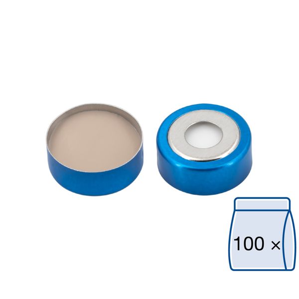 Macherey-Nagel ND20 Bimetall Bördelkappe, blau/silber, Loch Silikon beige/PTFE grau Härte 45° shore A, Septendicke: 3 mm, 100 St/Pkg