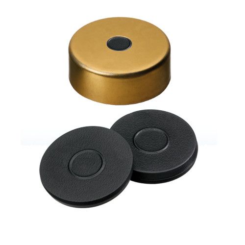 Altmann Analytik ND20 crimp cap aluminum, magnet. gold, 5mm hole, with butyl, dark grey, 55° shore A, 3.0mm, 10x100pc/PAK