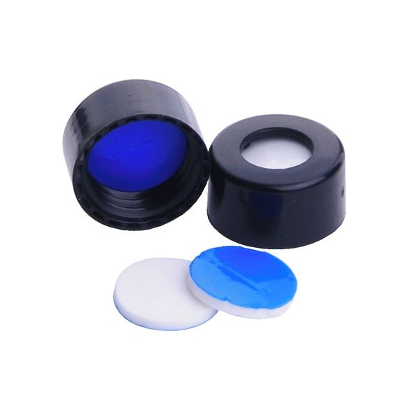 DWK Wheaton 9 mm Schraubkappe, schwarz, mit vorgeschnittenem PTFE/Silikon-Septum, Schraubgewinde, 100 St/Pkg