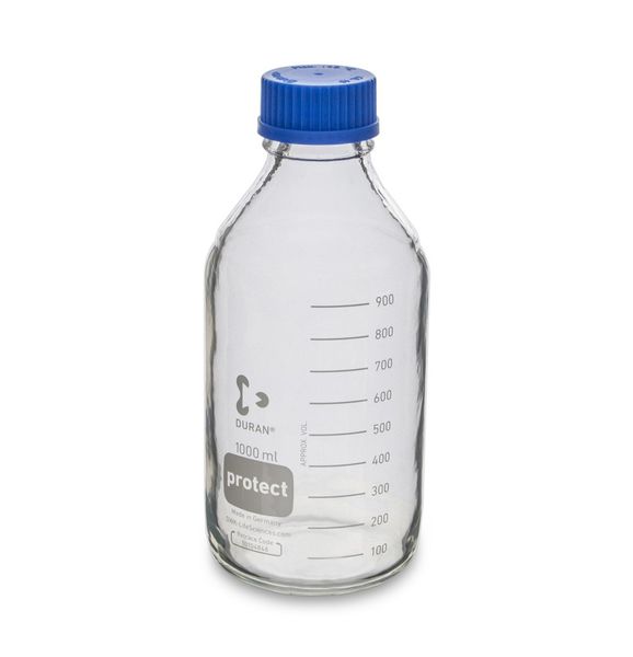 SCAT Enghalsflasche DURAN Borosilikatglas, GL45, 1000 ml, rund, klar, mit Protect-Beschichtung, Kappe und Ausgießring