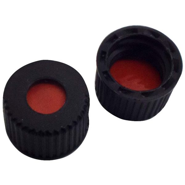 Altmann Analytik 8mm PP Schraubkappe, schwarz, mit Loch, 8-425, Naturkautschuk rot-orange/TEF transparent, 60° shore A, 1,3mm, 10x100/Pkg