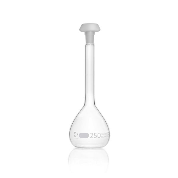 Duran Group Messkolben, klar, NS 14/23, 250 ml, weiße Skala, B, PE-Stopfen, 2 St/Pkg, mit Ringmarke