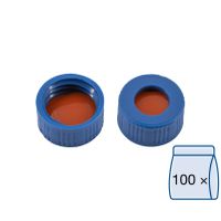 Product Image of ND9 PP Schraubkappe, blau, Loch Red Rubber/FEP farblos Härte: 40° shore A Septendicke: 1,0 mm, 100 St/Pkg