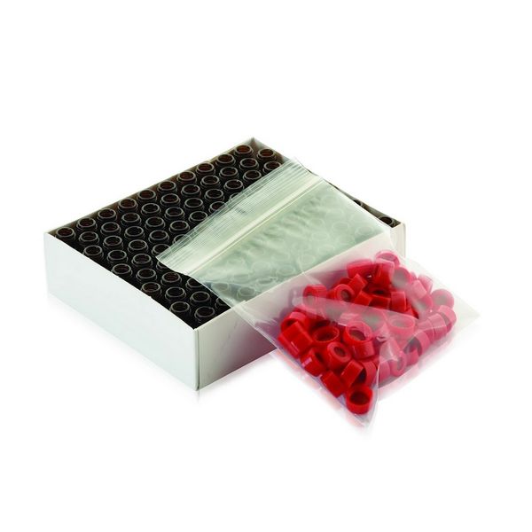 DWK Wheaton 1,8 ml Fläschchen, 12 x 32 mm, Braunglas, Kappe rot und Septum PTFE/Silikon rot, 100 St/Pkg