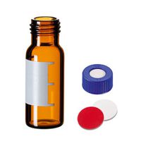 Product Image of HPLC/GC Certified Vial Kit: 1.5 ml Short Thread Vial, amber Glass, 1. hydrolytical Class, Schriftfeld, UltraBond  PP Short Thread Cap, blue, with Hole, Silicon beige/PTFE white, 45° shore A, 1.3 mm, split
