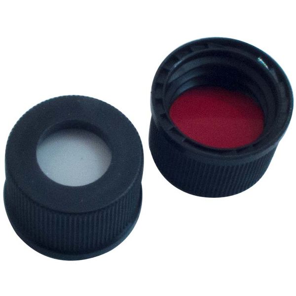 Altmann Analytik UltraClean 10mm PP Screw Cap, black, centre hole, 10-425, Silicone white/PTFE red, 45° shore A, 1.3mm, 10x100/PAK