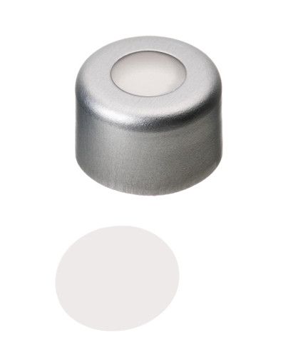 Altmann Analytik Bördelkappe, ND8 Al, PTFE virginal, Aluminium Kappe, farblos lackiert, 4 mm Loch, 53° shore D, 0,25 mm, 10x100/PAK