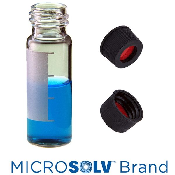Microsolv Vial & Cap Kit incl. 100 4ml, Screw Top, Clear Autosampler Vials with Write-On Patch and fill lines & 100 black Screw Caps with fitted Red 