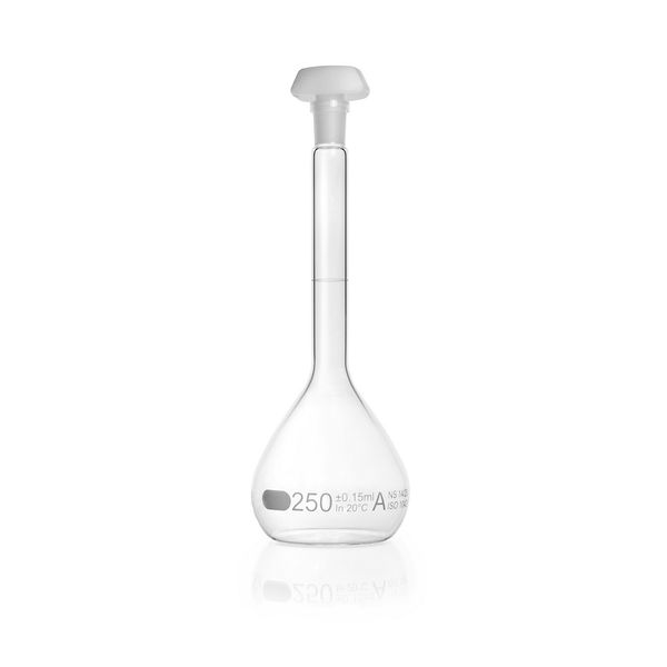 Duran Group Messkolben, klar, NS 14/23, 250 ml, blaue Skala, A, mit Einzelzertifikat, PE-Stopfen, 2 St/Pkg, mit Ringmarke