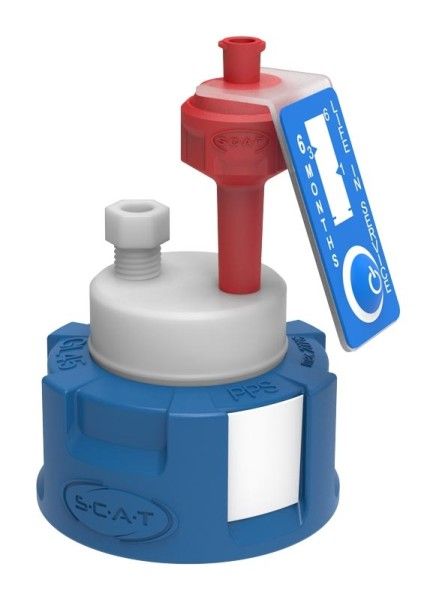 SCAT Safety Cap I, GL45, preparative, 1 x Ventilation Valve, 1 x change indicator, 1 x PTFE Fitting, 4 mm AD, 1 x labeling field
