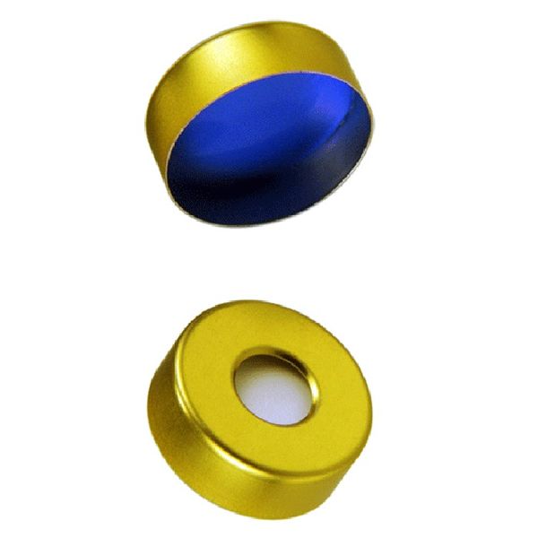 Microsolv Headspace Crimp Cap gold, steel, magnetic, 8mm center hole, with white Sil/blue PTFE Septa, for 20mm Crimp Top Headspace vials, 100 pc/PAK