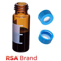 Product Image of Vial & Cap Kit incl. 100 2ml, Screw Top, Amber RSA™ Autosampler Vials with Write-On Patch/fill lines & 100 Light Blue Screw Caps with Pre-Slit, Clear AQR Silicone Rubber/Clear PTFE, ultra-pure fitted Septa, RSA Brand Easy Purchase Pack