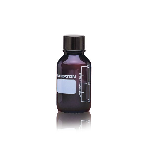 DWK Wheaton Media bottle, 125ml, brown, Boro, graduated, black PF cap 33-430 without hole with PE insert, 48 pc/PAK