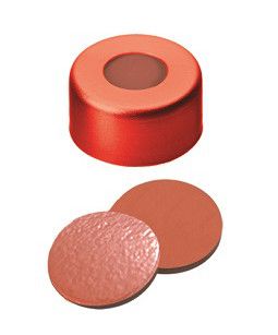 Altmann Analytik ND11 Crimp Seals: Aluminum Cap red lacquered + centre hole, Nat. Rubber red-orange/Butyl red/TEF transparent, 1000/pac