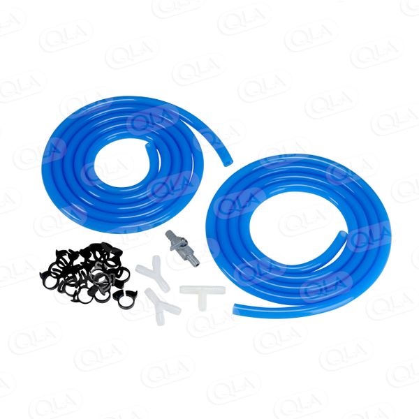 QLA Dual Bath Hose Kit includes Silicone tubing (20’ length, ½'' ID), hose clamps (18), Wye tube fittings (2), Tee tube fitting (1) and drain valve 
