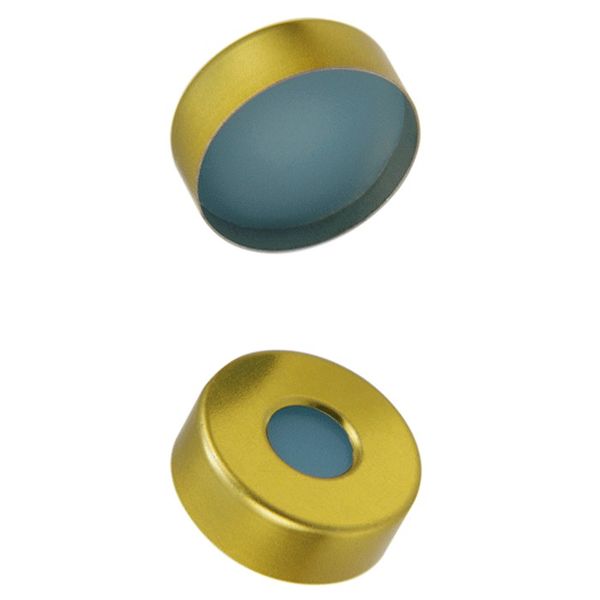 Microsolv Headspace Crimp Cap gold, steel, magnetic, 8mm center hole, with translucent blue Sil/transparent PTFE Septa, for 20mm Crimp Top Headspace 