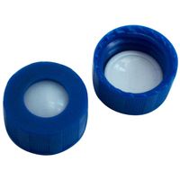 Product Image of 9 mm UltraClean PP short thread cap, blue, with hole, silicone beige/PTFE white, 45° shore A, 1 mm (UltraBond), 1000 pc/PAK