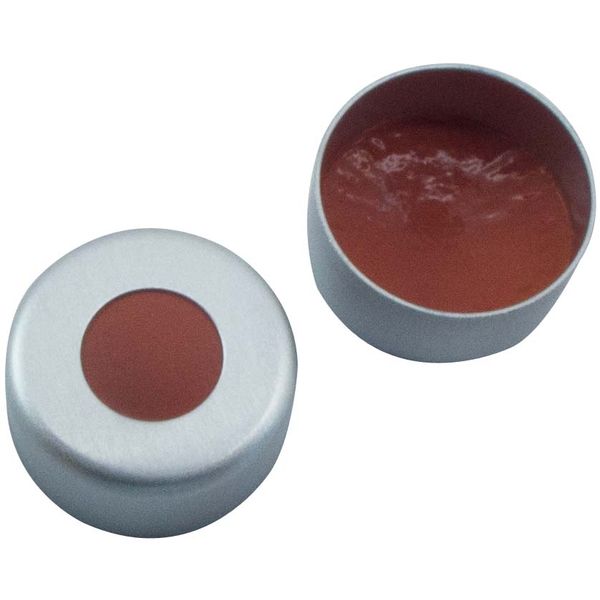Altmann Analytik 11 mm Magnetische Bördelkappe, silber lackiert, mit Loch, PTFE rot/Silicon weiß/PTFE rot, 45° shore A, 1 mm, 1000 St/Pkg