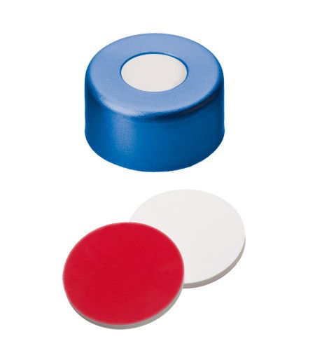 Altmann Analytik Bördelkappe, ND11 Verschluss: Aluminium, blau lackiert mit 5,5 mm Loch, Silikon weiß/PTFE rot UltraClean, 1,3 mm, 10x100/PAK